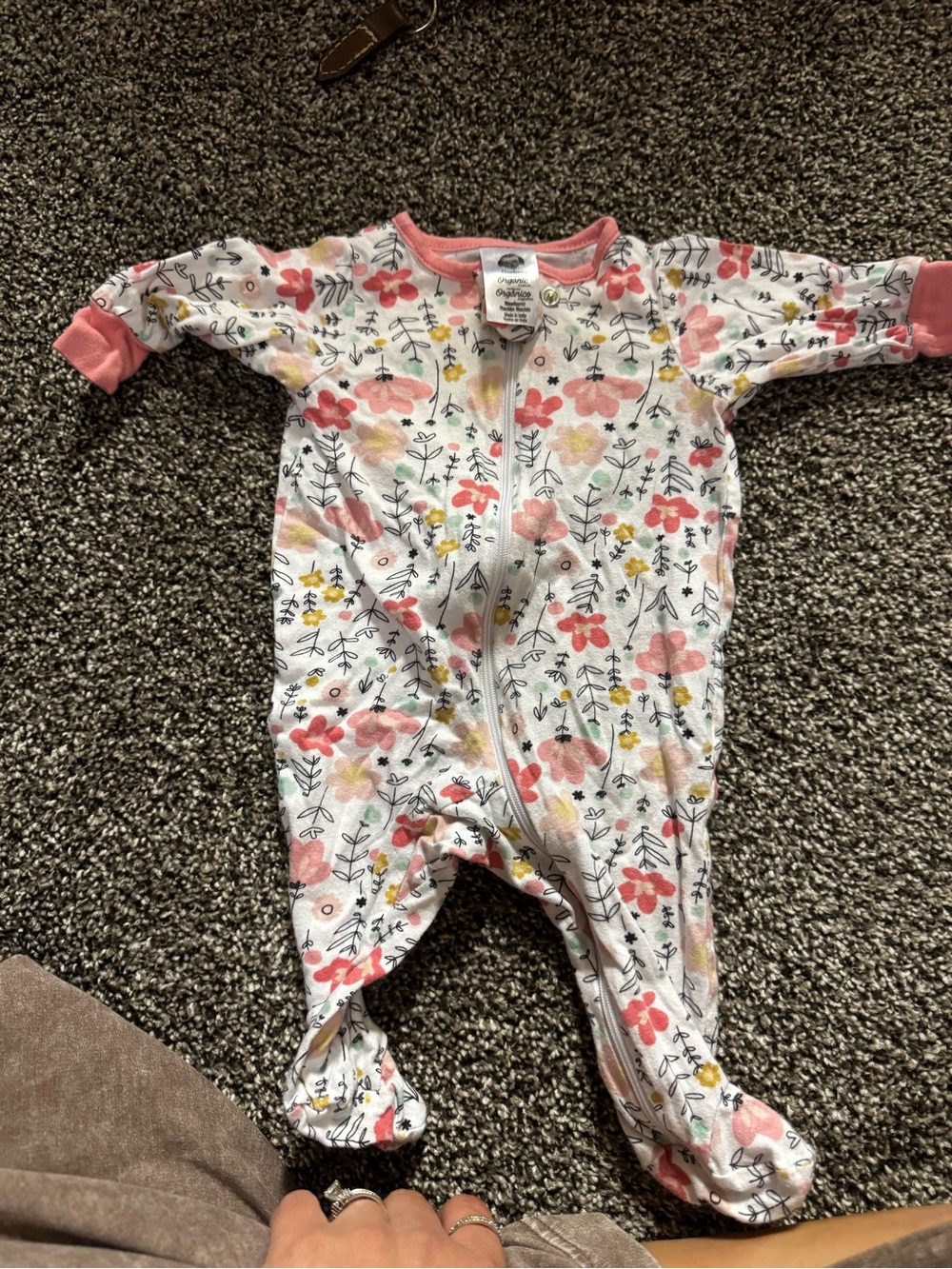 Gerber White Floral Zip-Front Baby Footie with Pink Trim